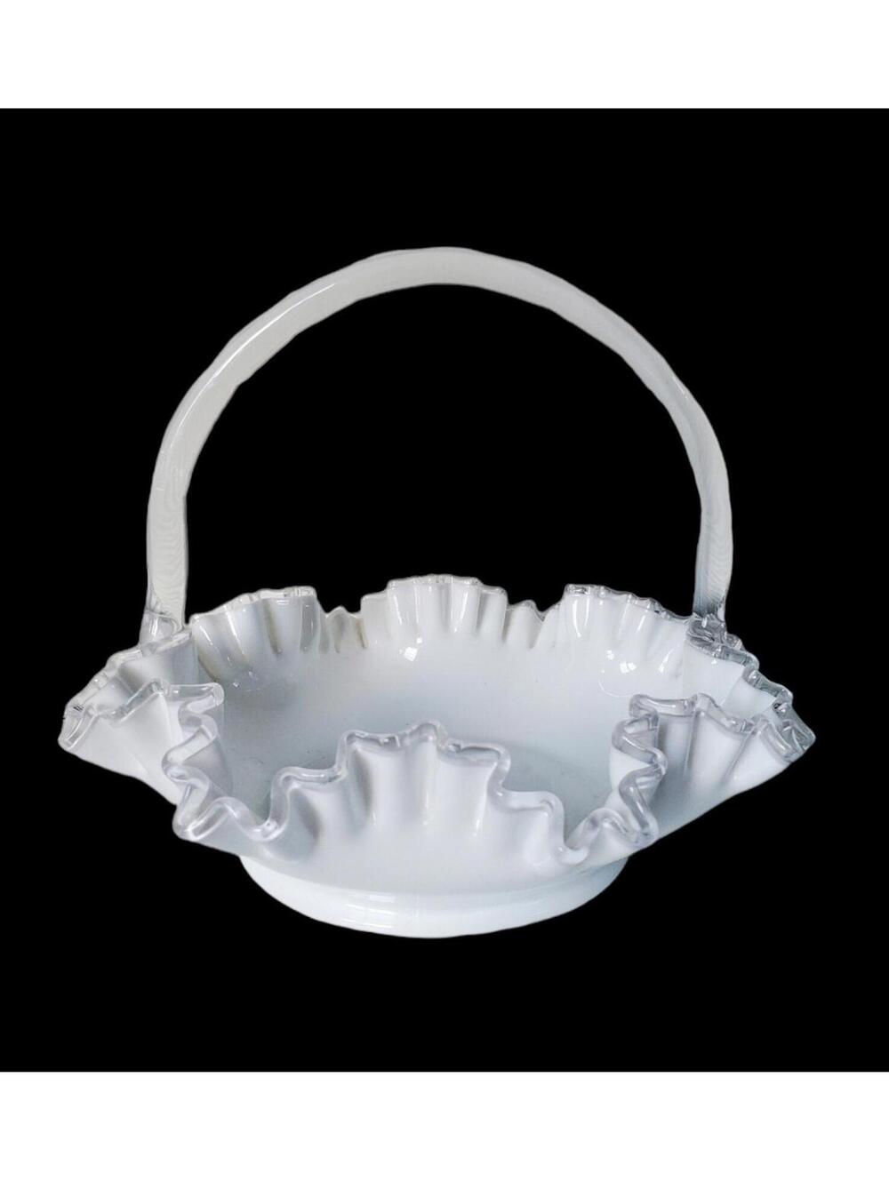 Vintage FENTON Silver Crest White Milk Glass Basket Ruffled Edge Bamboo Handle